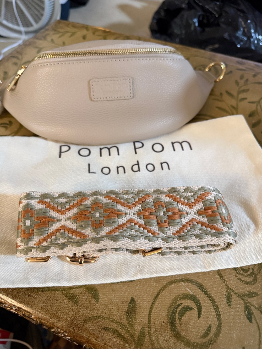 Pom Pom London Ivory Leather Crossbody Bag with Patterned Strap